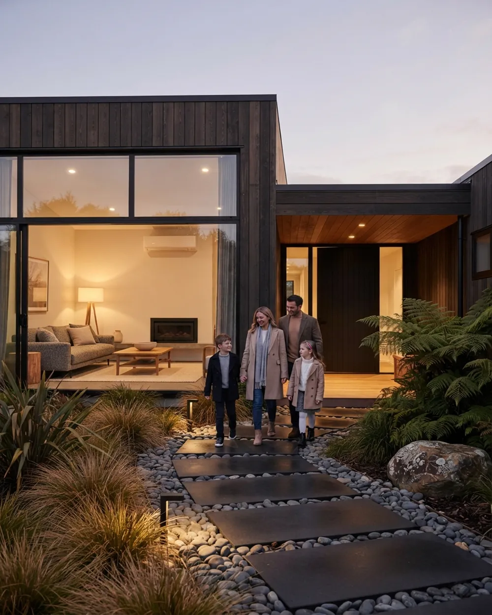 Family walking up the path to their modern home at dusk, lit by Irabelle smart lighting